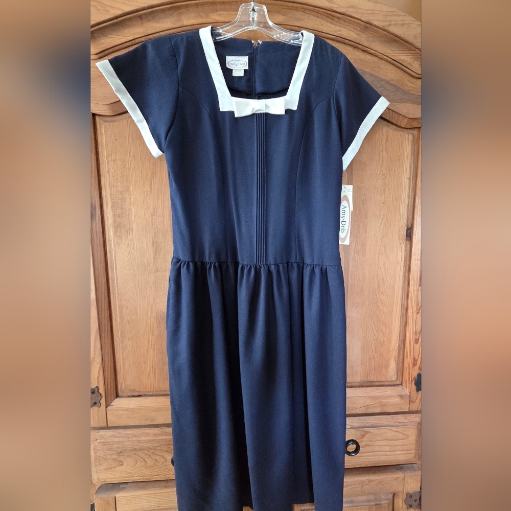 Vintage 1980's Amy Deb Career Dress Navy Blue White Size 12 NEW $72 50% OFF